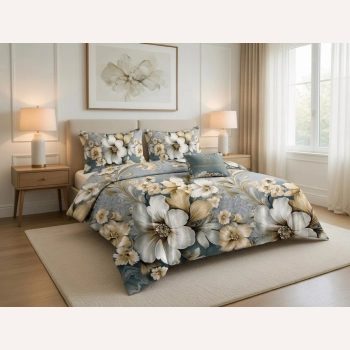 Pościel satynowa 140x200 białe kwiaty na szaro niebieskim tle – komplet premium PK 828 z PRZEŚCIERADŁEM